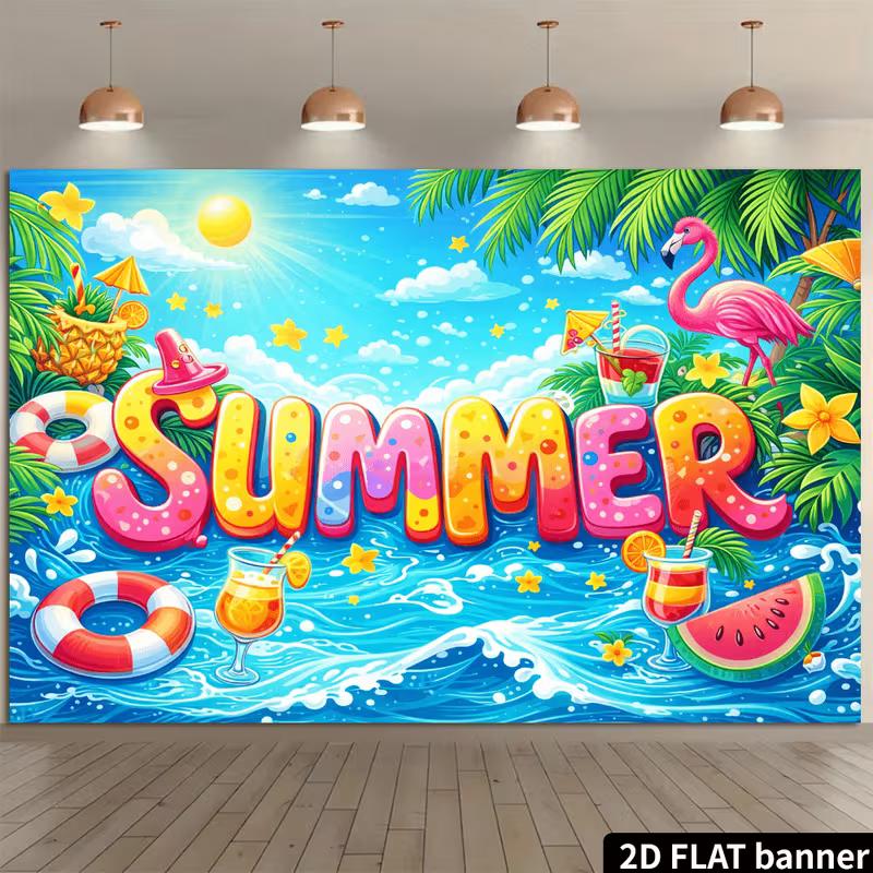 2D Colorful Summer Banner with Waves, Sun & Flamingo for Photoshoot