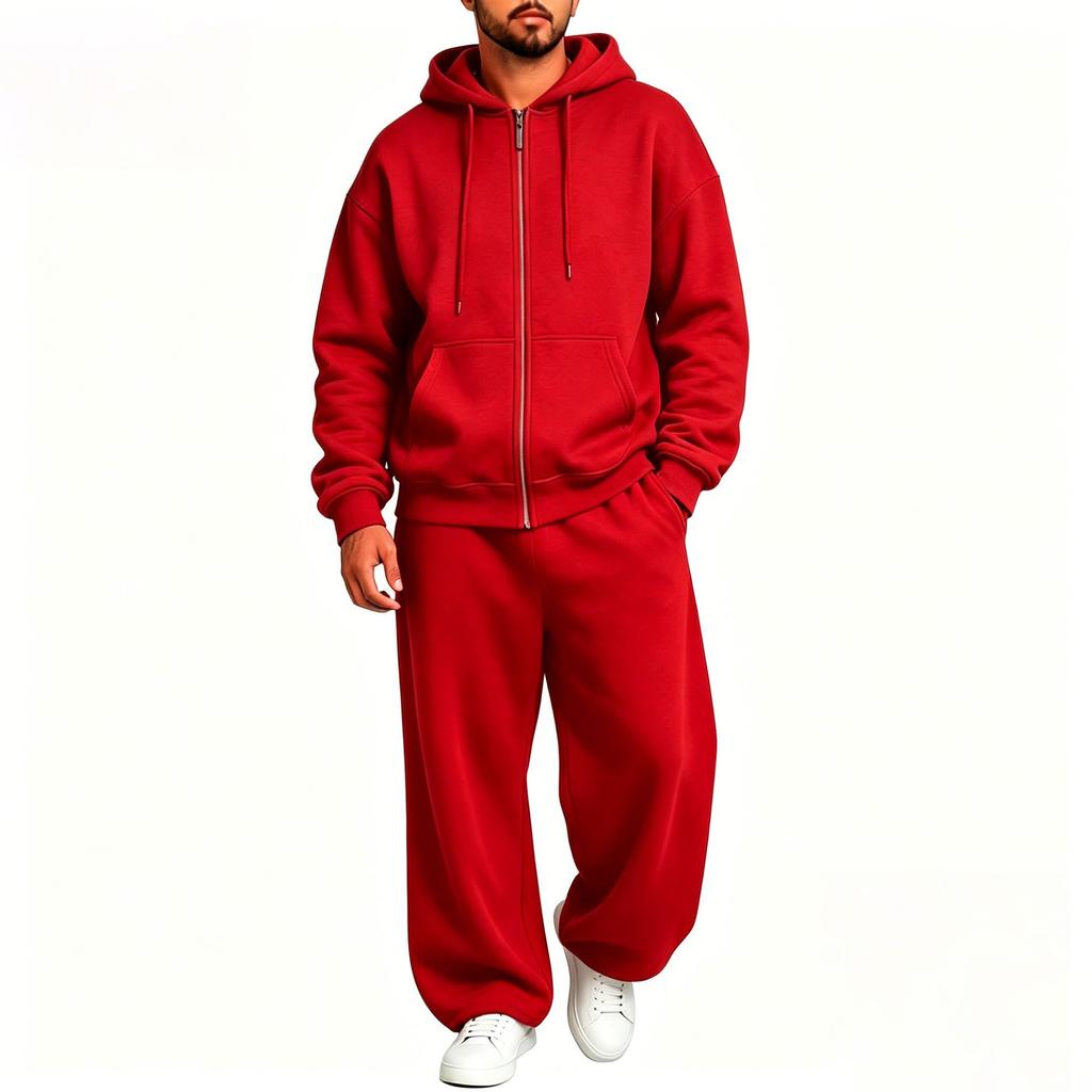 Men's Casual Tracksuit Set Hooded Full Zip Long Sleeve Hoodie Wide Leg Pants Solid Color