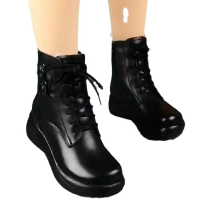 Buty Śniegowe Platformy dla Kobiet Skórzane Wysokie Obcasy Ciepłe Pluszowe Sznurowane Zapinane na Zamek Buty Chunky Damskie Duży Rozmiar Botki
