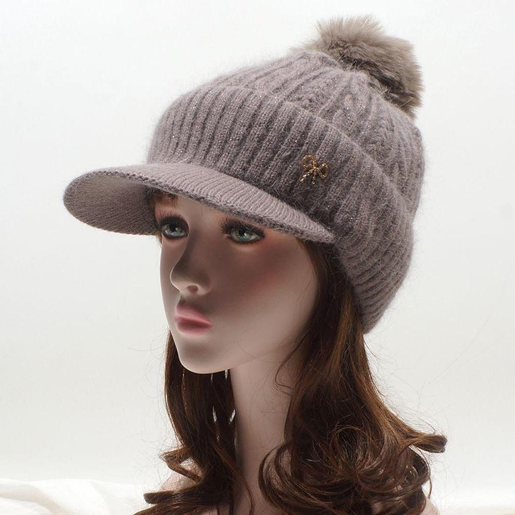 4-color Cubic Ribbon Angora Twisted Knit Brim Pom-pom Hat