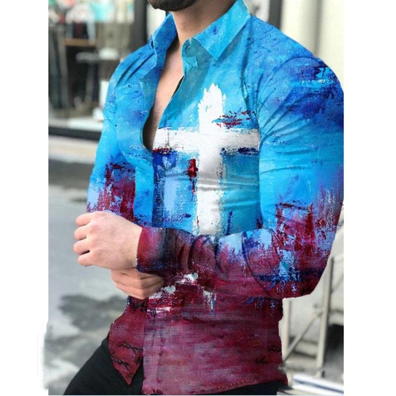 2025 European & American Men's Casual Plus Size Printed Long-Sleeve Shirt