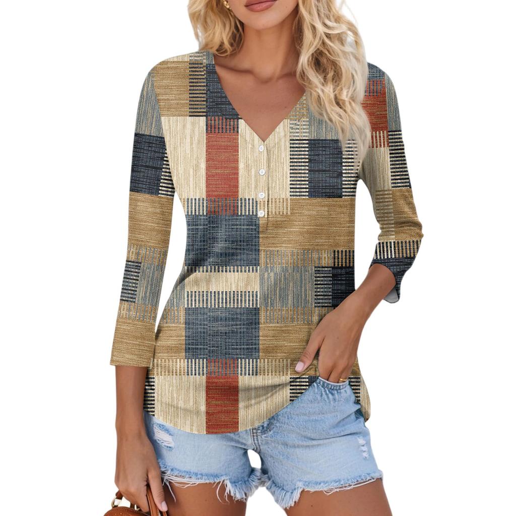 Damen Lässig Mode Sexy Bequem V-Ausschnitt Knopf Floral Dreiviertelarm Oberteil