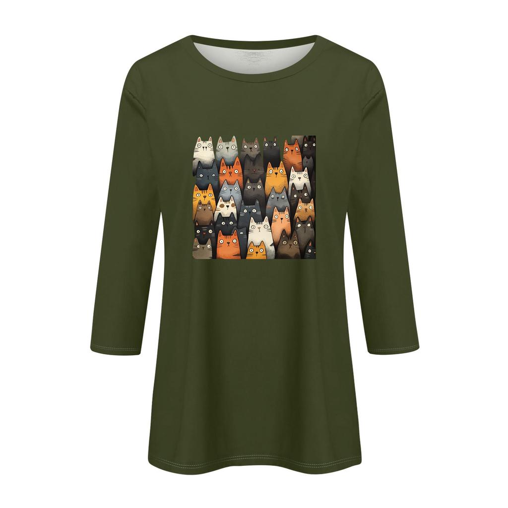 Women's Fashion Casual Three-quarter Sleeve Cat Print Round Neck Pullover Top