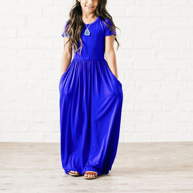 Laste tüdrukute lühikeste varrukatega ühevärviline vaba vabaaja pikk taskutega kleit