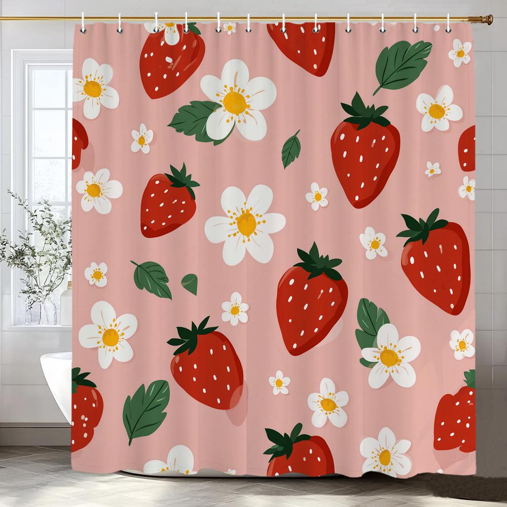 Lemon, Strawberry, Peach Tropical Fruit Shower Curtain, Bathroom Decorative Shower Curtain, Print Polyester Curtain With Hooks