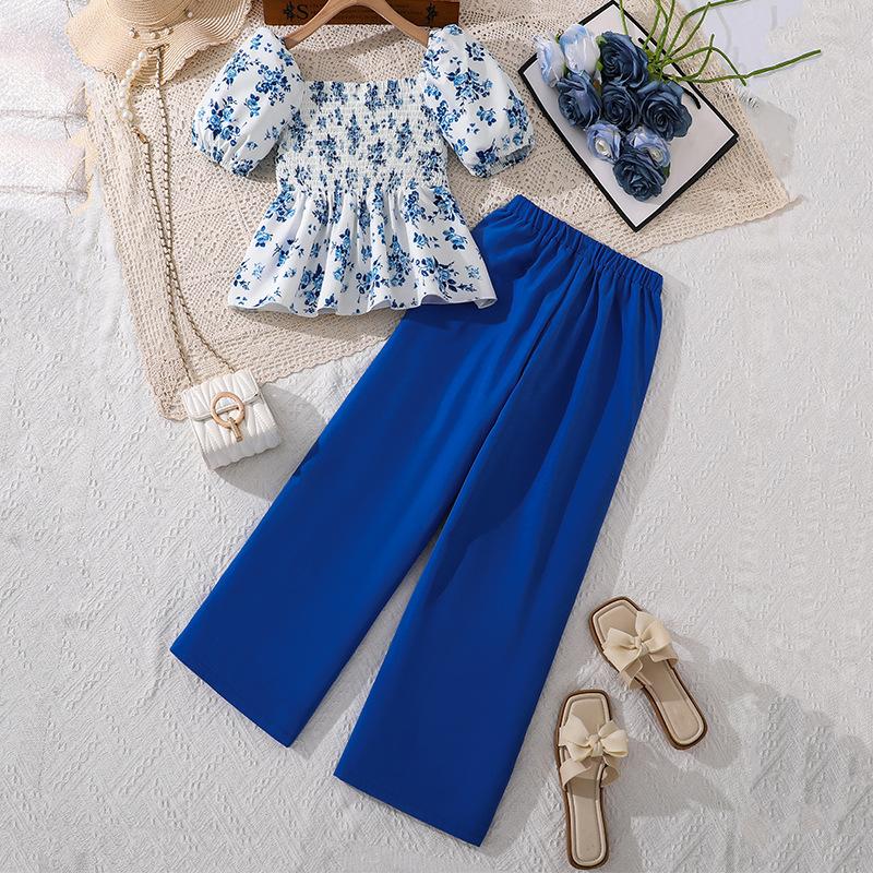 Módní modrá souprava pro dívky: Jarní/Letní Dětský Elegantní Top a Široké Kalhoty Dvoudílná Sada