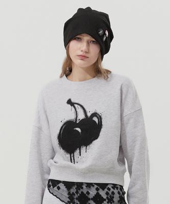 KIRSH Melting Cherry Print Crop Sweatshirt [Melange Grey]