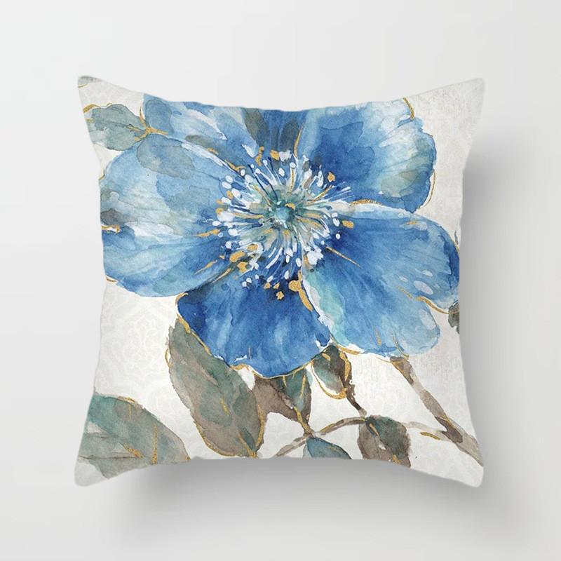 45x45cm Blaue Blume und Vogel Druck Quadratischer Kissenbezug Sofa Büro Heimdeko