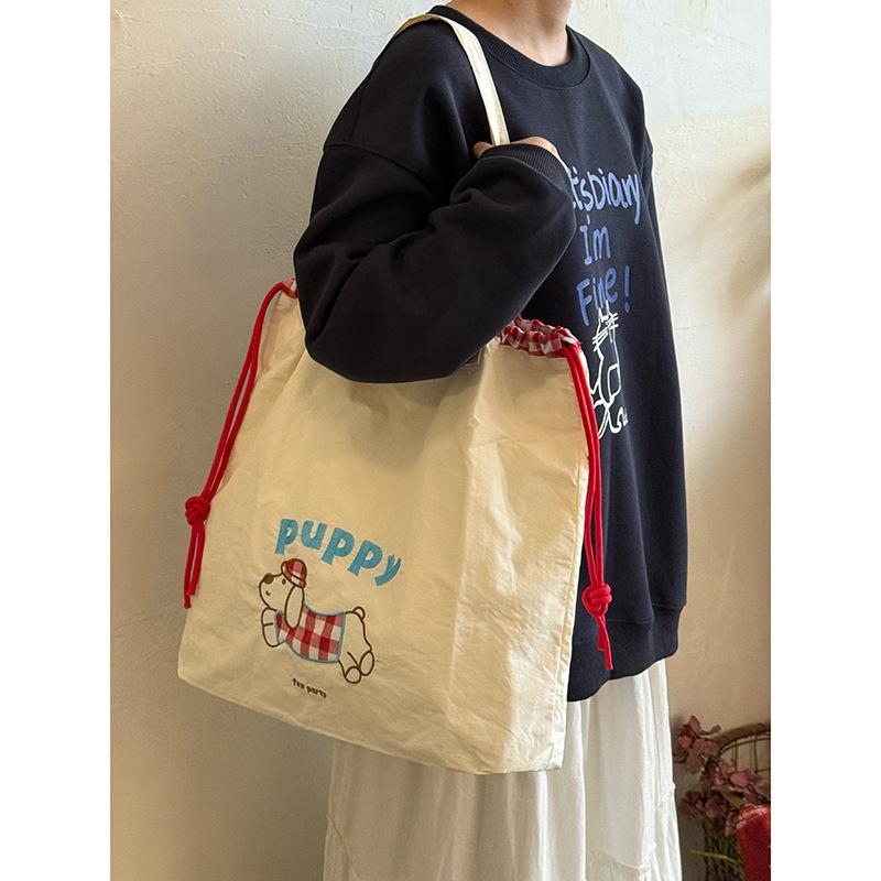 Korean cute puppy embroidered shoulder bag new college style drawstring tote bag large capacity versatile canvas bag
