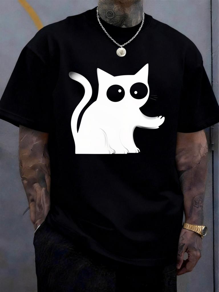 Unisex Black Crew Neck Tee Cute White Big Eyes Cat Print Oversized Short Sleeve Unisexs Summer Streetwear Casual Daily Basic Wear Top