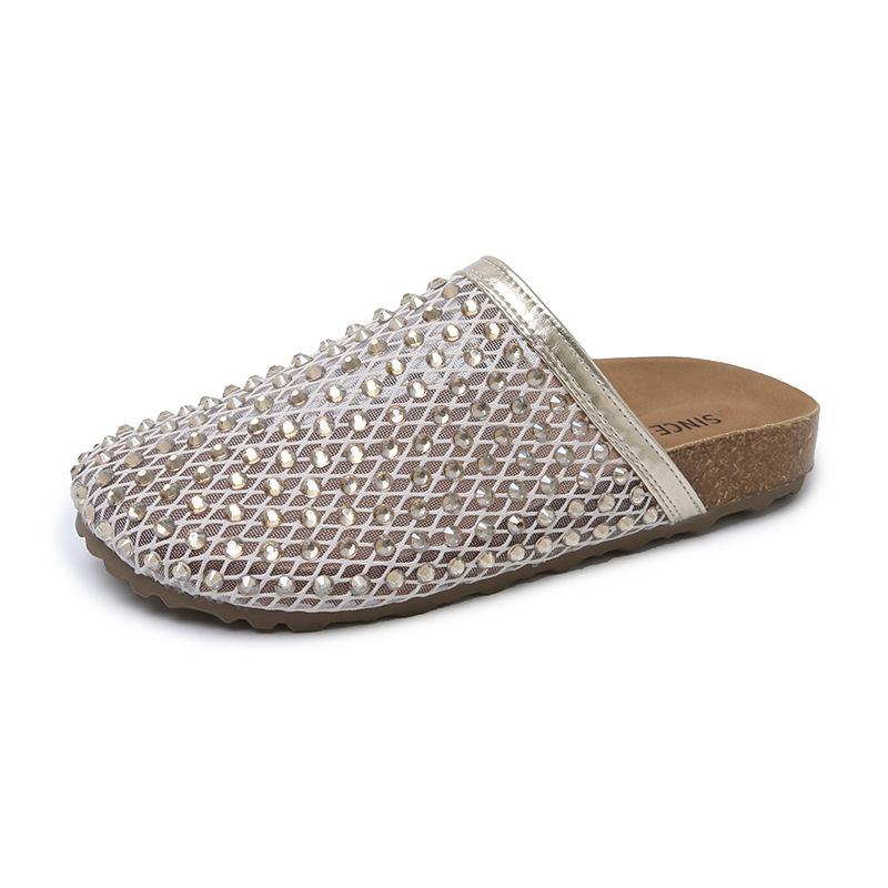

Large size flat-bottomed rhinestone women s shoes 2025 summer new thick-soled hollow baotou fishing net fashionable versatile women s slippers 42