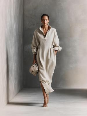 European & American Women's French Casual Elegant Long Sleeve Slit Dress