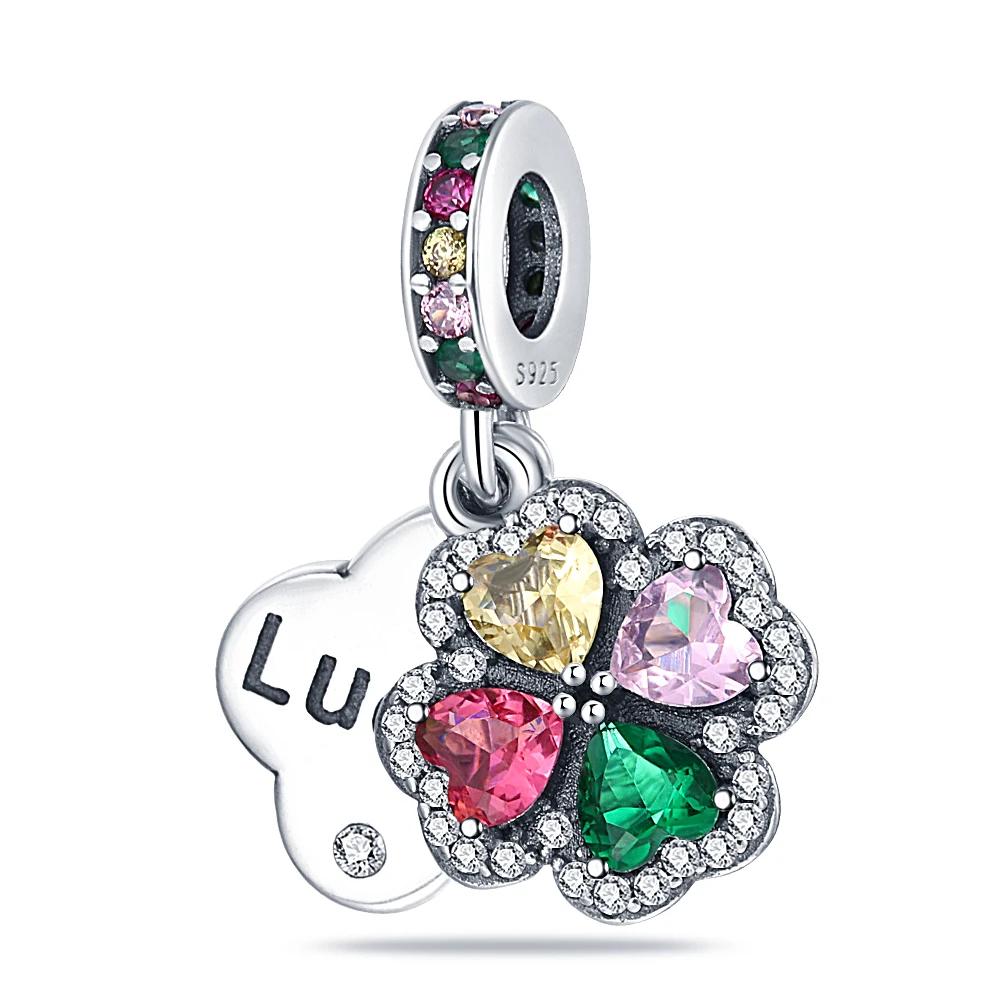 Authentic Copper Green Four-Leaf Clover Pink Design Pendant Fit Original Bracelet Jewelry Charm Bead Set Necklace Diy Female Jewelry