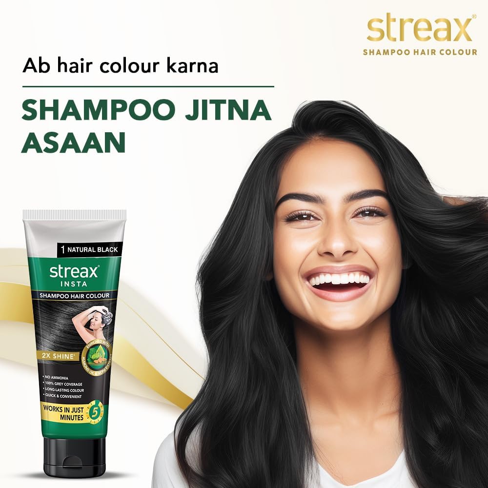 Streax Insta Shampoo Hair Colour for Women & Men Natural Black 200ml Pack of 1 100% Grey Coverage Long Lasting