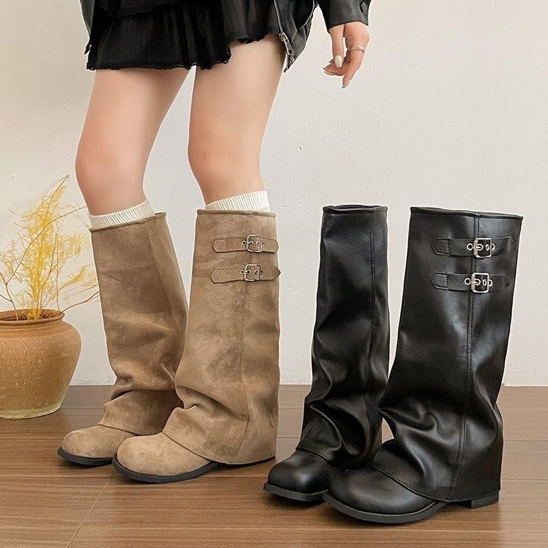 Retro belt buckle trouser boots women's new autumn thick heel pleated stack tall knight boots slim boots