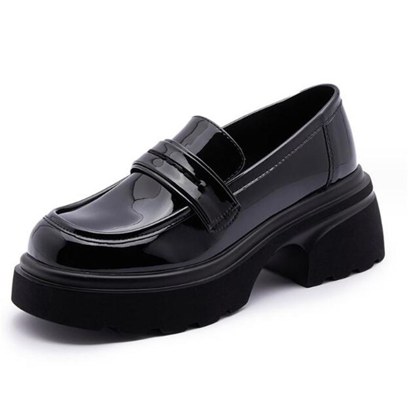 New Thick-soled College Style Casual Loafers Black Genuine Leather Fashion Pumps Girls Heels Shoes Female Women British Style