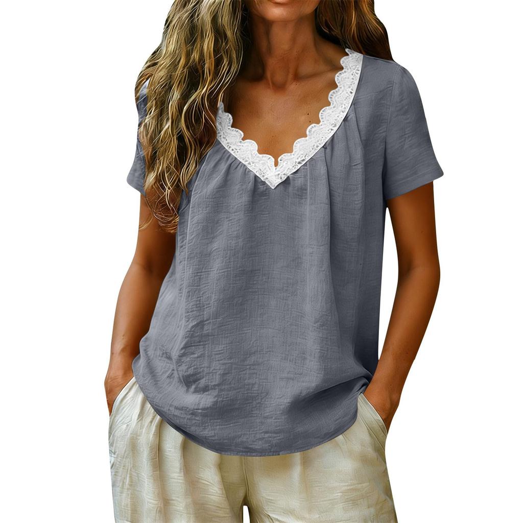 Womens V Neck Linen Short Sleeve Blouse Lightweight Relaxed Fit Summer Top with Lace Trim for Casual Wear Office Daily Use