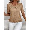 Women S Short Sleeve Blouse Doll Collar Pleated Solid Color Casual Top