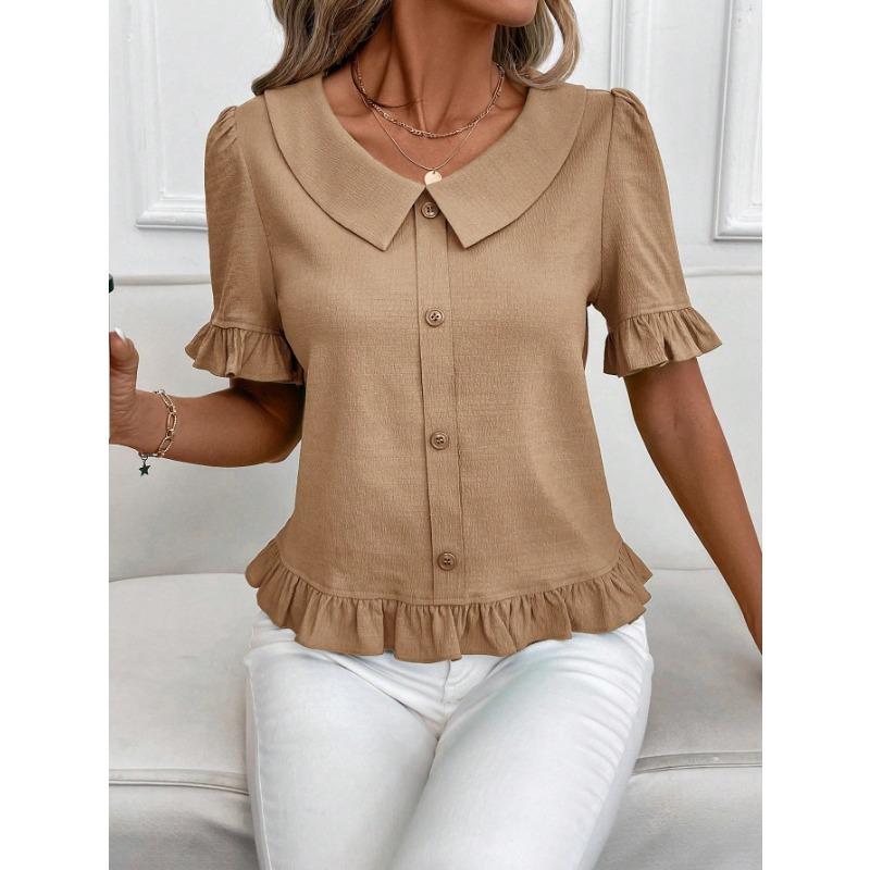 Women S Short Sleeve Blouse Doll Collar Pleated Solid Color Casual Top