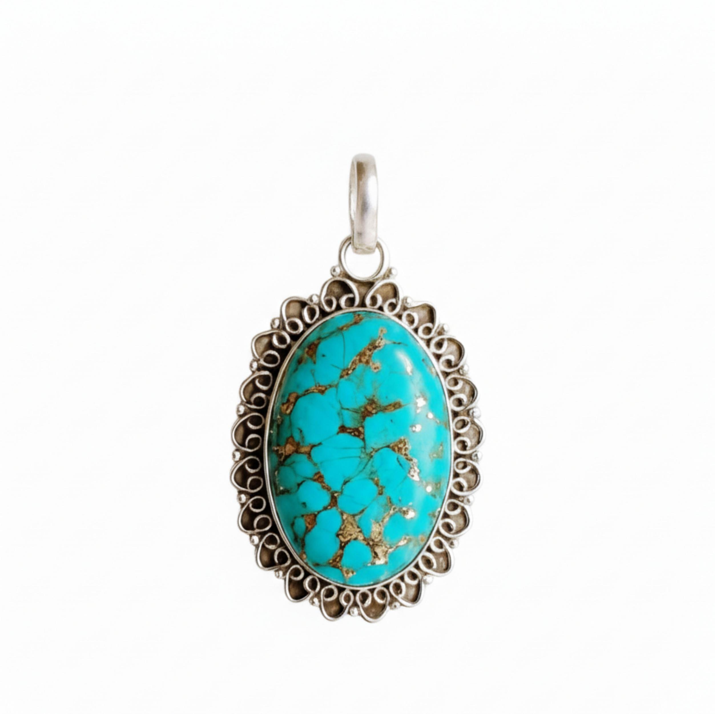 

Blue Copper Turquoise Pendant, 925 Solid Sterling Silver, Filigree Border Frame Pendant, Oval Gemstone Necklace серебряный