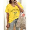 Womens V-Neck Short Sleeve Loose Fit T-Shirt With Floral Lake Scene Cartoon Bun Girl Print 2025 Casual Top