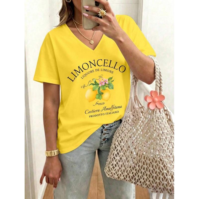 Womens V-Neck Short Sleeve Loose Fit T-Shirt With Floral Lake Scene Cartoon Bun Girl Print 2025 Casual Top