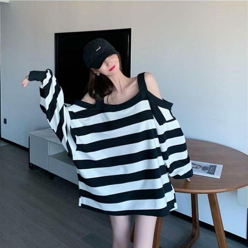 Women Plus Size Loose Striped Off Shoulder Hoodie Early Autumn Casual Ins Style