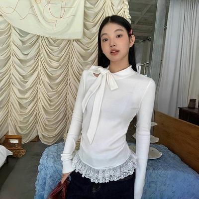 Fairycore T-shirt Woman Long Sleeve Lace Up Bow Tees Female Clothing 2000s Clothes Y2k Solid Autumn Tops Casual T Shirt