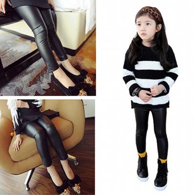 Lovely Girls Stretchy Leggings Elastic Waist Faux Leather Skinny Pants Trousers