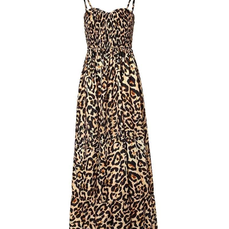New Leopard Print Camisole V-neck Dress, High Waisted Dress, Sexy Temperament, Fashionable Long Dress