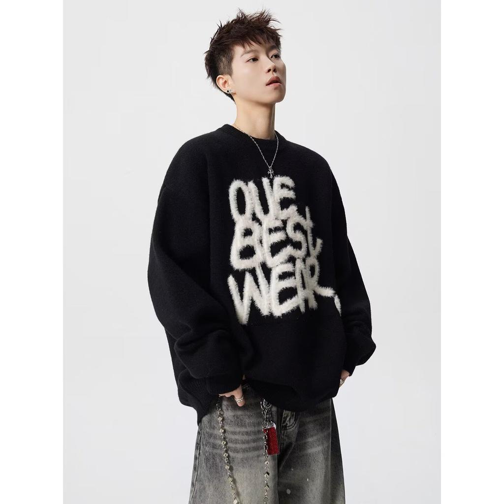 American letter jacquard crew neck sweater men's winter new heavy lazy style knitted sweater high street casual top