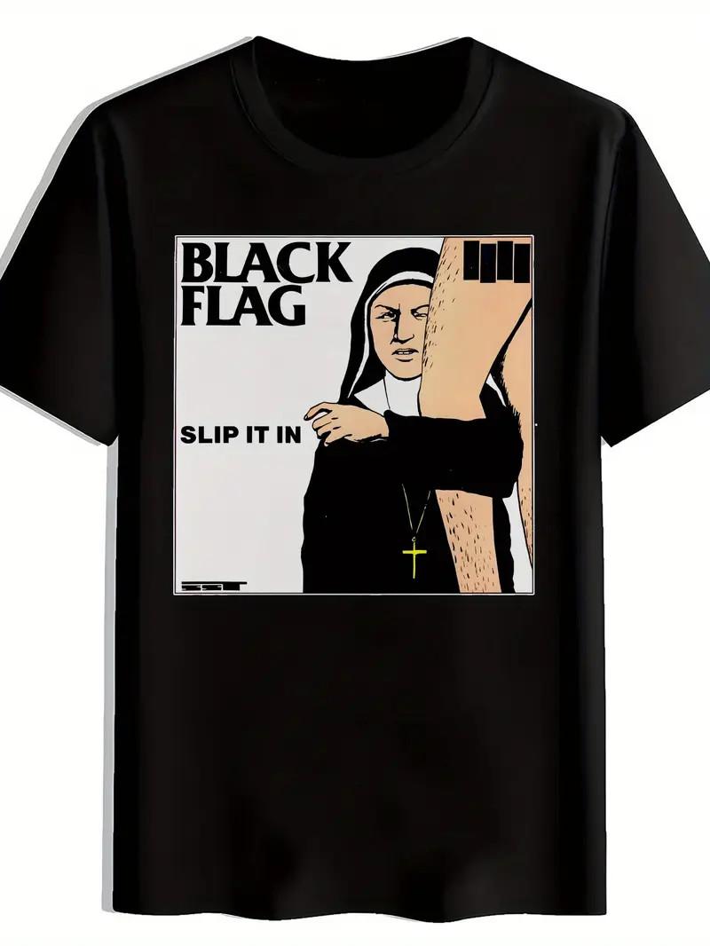 Men s Black Nun Graphic Print T-Shirt - Bold BLACK FLAG & SLIP IT IN Design, S