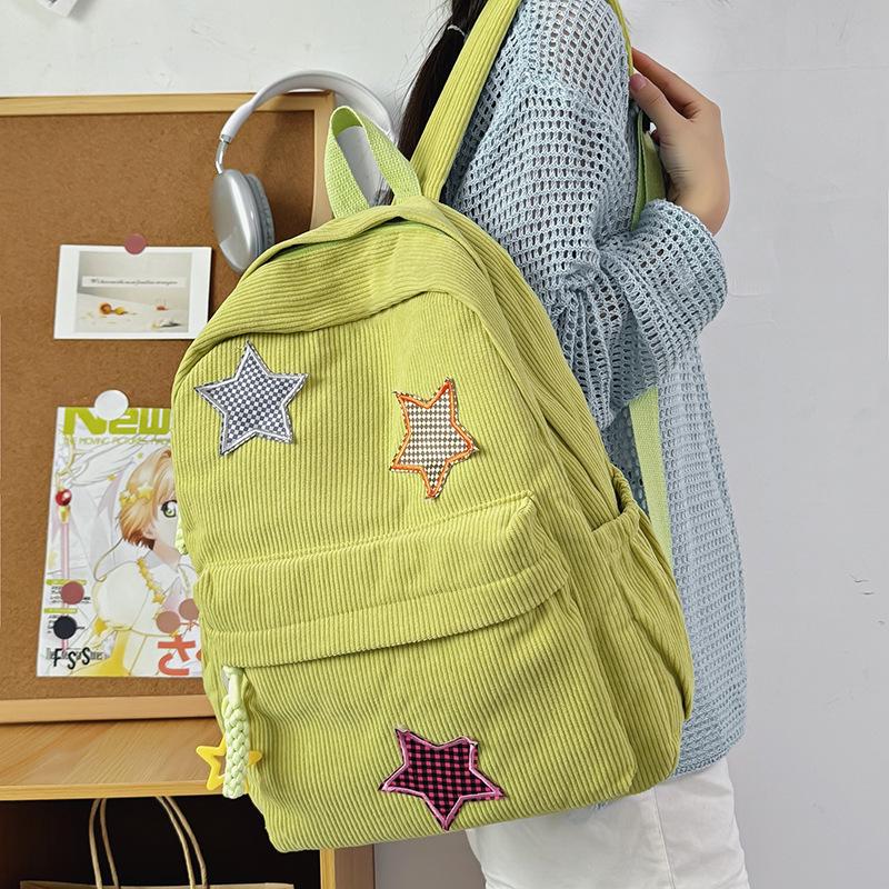 Women's Mori Style Corduroy Backpack - Harajuku Middle School Bookbag with Star Design for Travel
