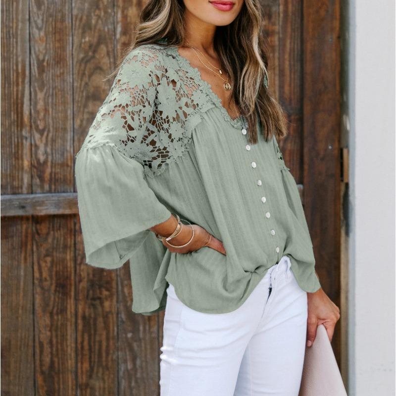 Lace Shirt Women's Shirts Vintage Solid Color V Sexy Splicing Buckle Horn Sleeve Blouses Top Women