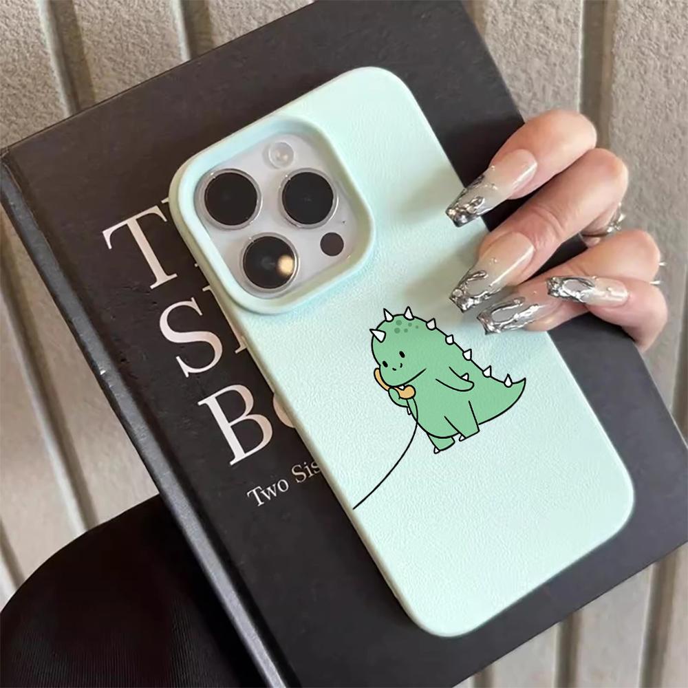 Adorable Talking Dinosaur Pair Couple Case For iPhone 17 Air 16 15 14 13 12 11 Pro Max Plus X Litchi Texture Protective Cover