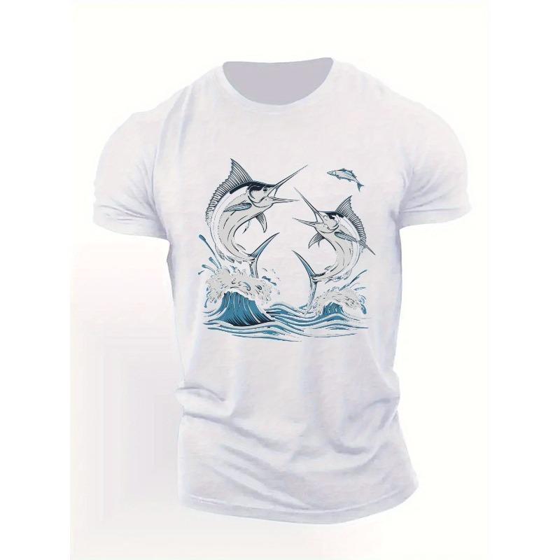 European sizes Men s Summer Casual T-Shirt with Dynamic Marlin Print - Breathable, Round Neck, Machine Washable S белый