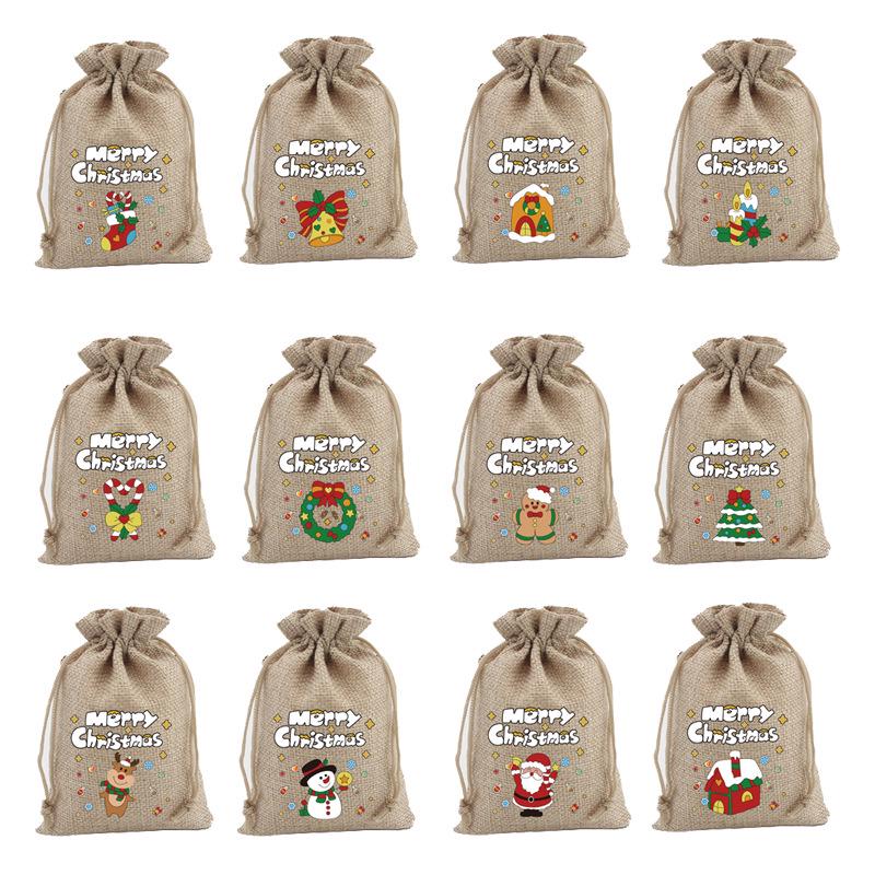Jute-Style Christmas Gift Bag with Drawstring Closure - Small Candy & Apple Storage