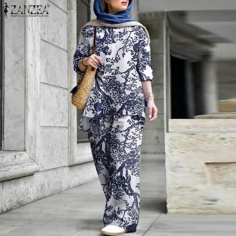 

ZANZEA Ретро наряды Женская блузка и брюки Повседневный костюм Две части Комплект