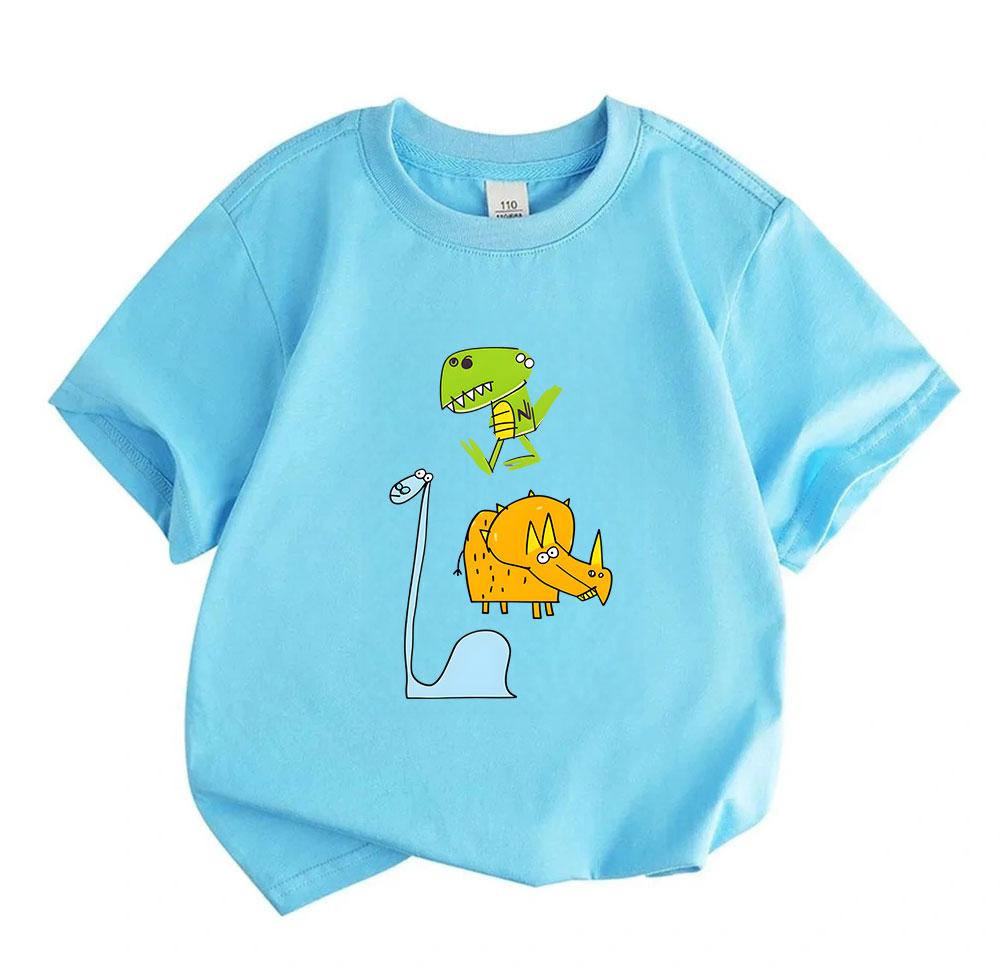 Kids Boys Girls 100% Cotton Crew Neck Short Sleeve T-Shirt, Funny Cartoon Dinosaur Print Casual Comfy Tee for Toddler Children Daily Outdoor Play Wear