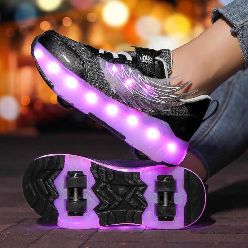 TUINANLE LED Luminous Children's Rechargeable Running Shoes with Wheel Skates Multi Light Breatheable Boy Girl