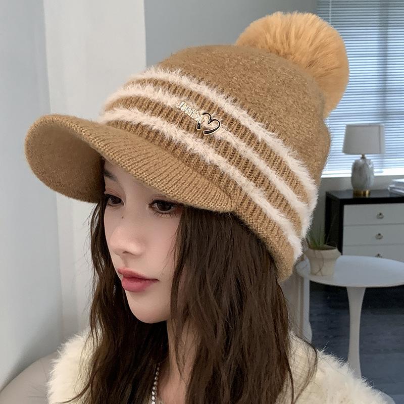 New Autumn and Winter Striped Hat Outdoor Plush Windproof Wool Hat Girl Hairball Ear Protector Knitted Cap