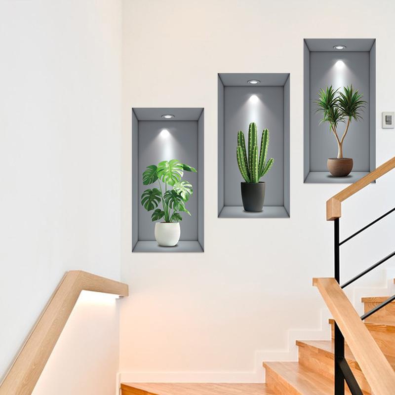 Green Plant Couplet Painting Simulation 3D Photo Frame Wall Sticker Bedroom Living Room Background Wall Sticker Self-adhesive Wall Sticker