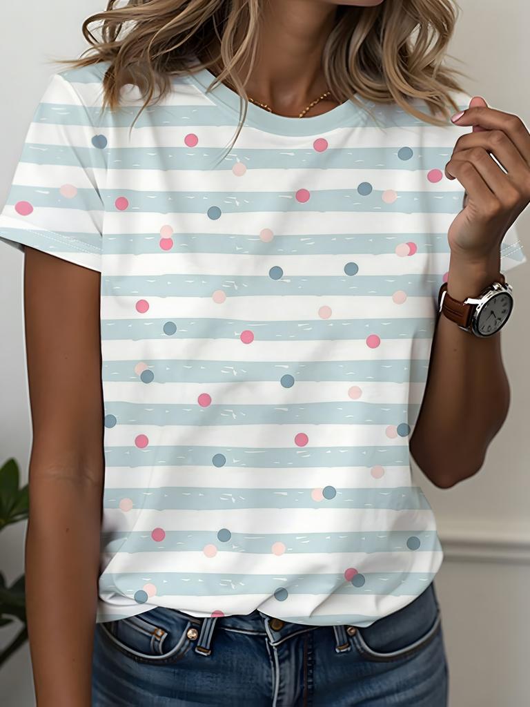 Women's Casual Striped Polka Dot T-shirt Summer Short-sleeved Round Neck Loose All-over Printed T-shirt
