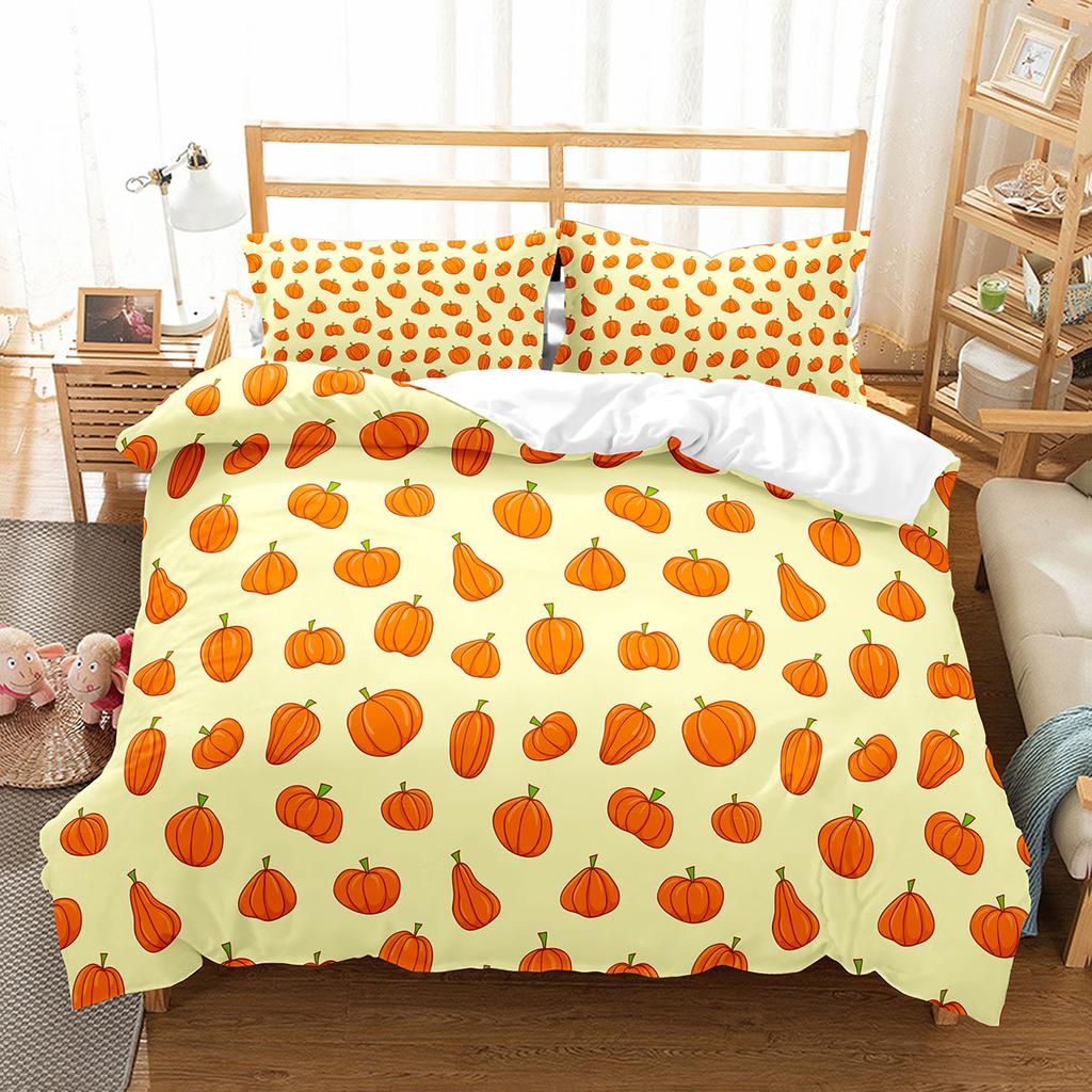 Kürbis-Laterne Bettbezug-Set, Polyester, Bettbezug, King-Size-Bett, Queen-Size-Bett, Doppelbett-Bettset mit Kissenbezug, Halloween-Geschenk