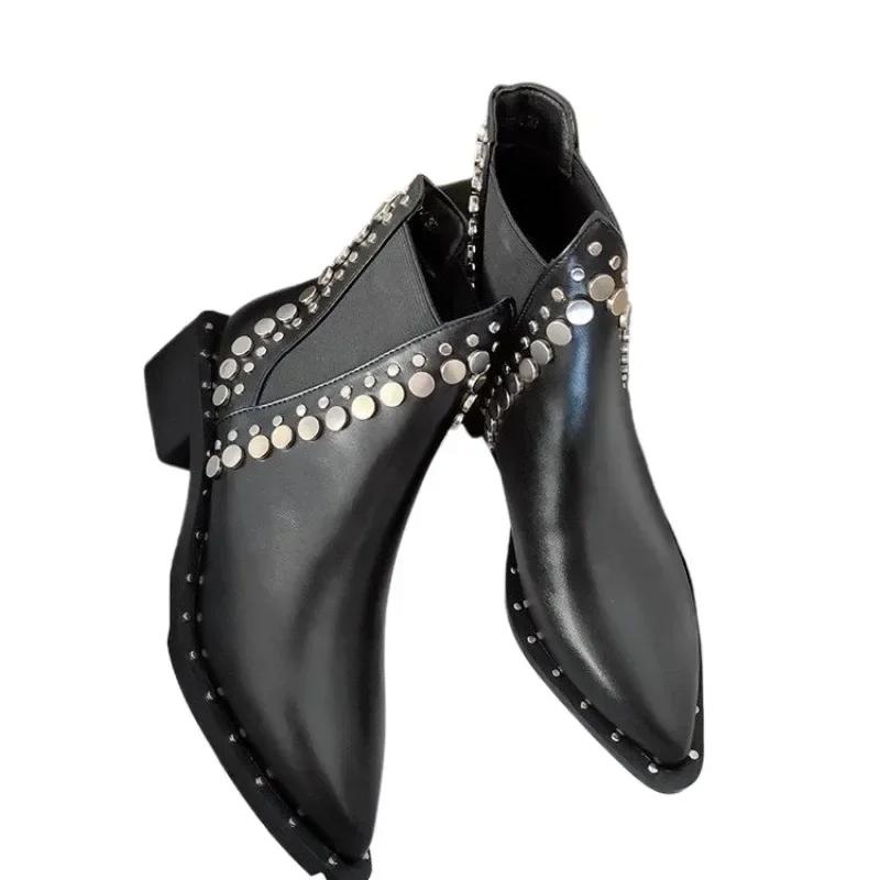 Fashion European and American Thick Heeled Ankle Boots for Women Pointed Toe Fashion Rivet PU Leather Boots Plush Warm Short Boots