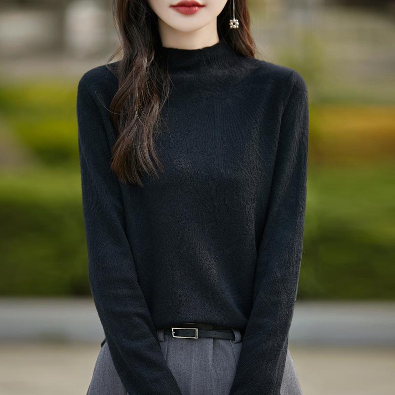 

Женский свитер из сверхтонкой камвольной шерсти с 3D-рельефом — полувысокий воротник, длинные рукава, вязаный осенне-зимний пуловер.