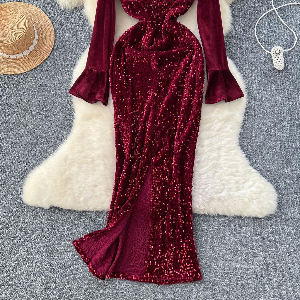 Vestidos de fiesta de noche para mujer de alta gama de celebridades sexys con escote en V de terciopelo con mangas acampanadas y empalme de lentejuelas y brillo