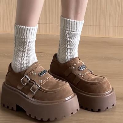 Retro Thick-soled Round Head Deep-mouth Single Shoes for Women's Spring Festival New Models? Height-increasing Buckle