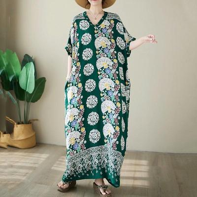 Manga corta Tallas grandes Algodón Satén vintage floral nuevo en vestidos para mujer vestido largo casual suelto de verano