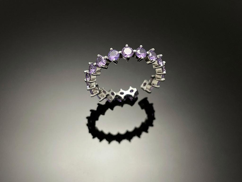 Wooing 4-Prong 3Mm Silver Compass Layering Ring Purple Amethyst Stone